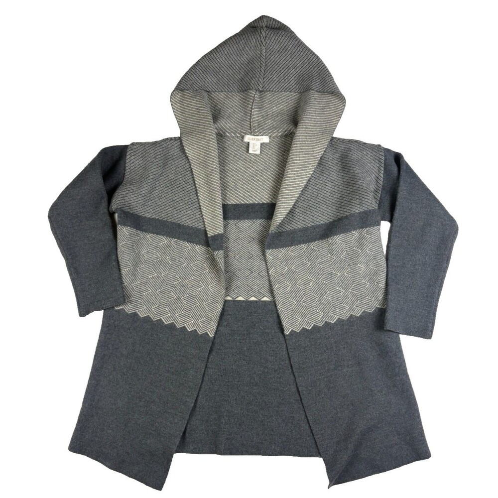 Ellen Tracy Hooded Merino Wool Cardigan Women L Gray Open Front Longline Sweater